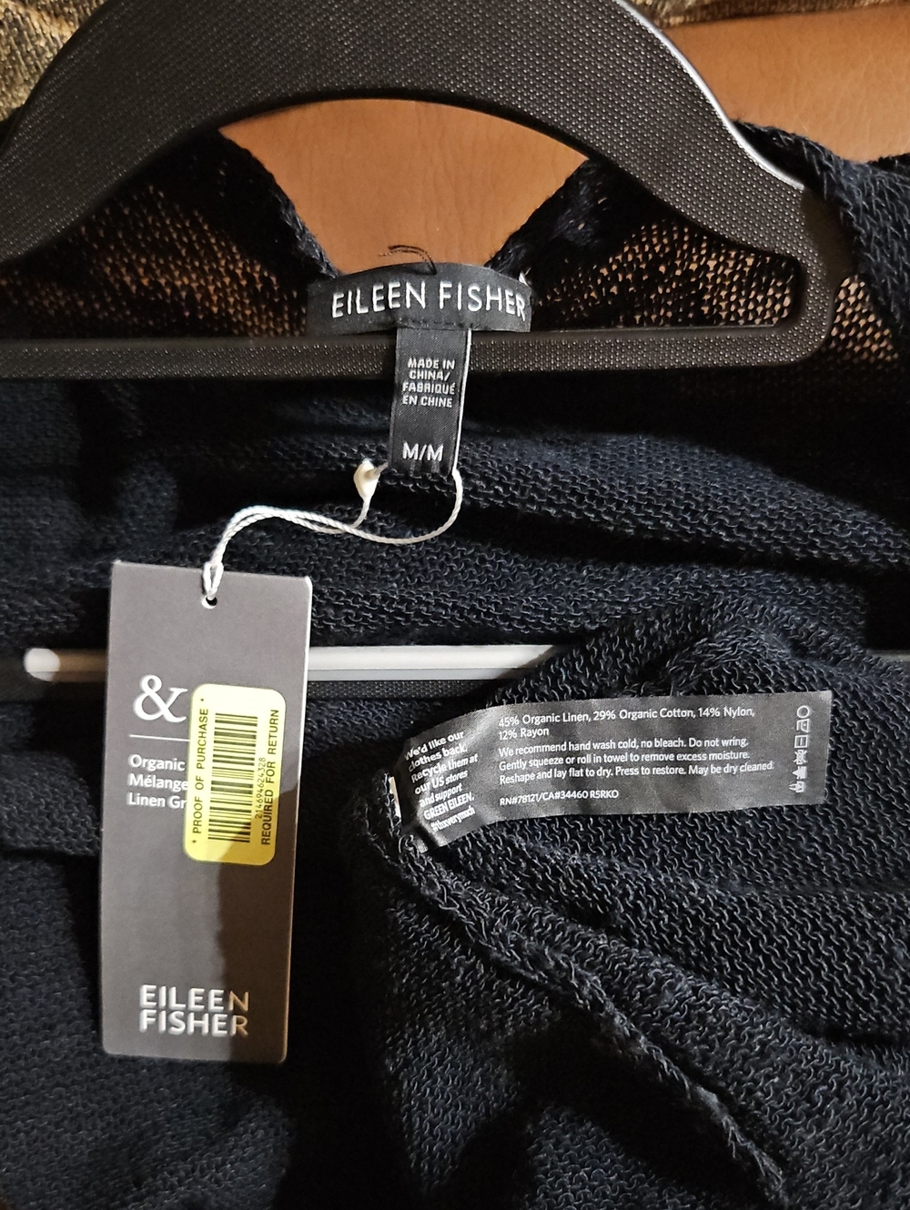 Eileen Fisher Black Organic Linen Cotton Knit Long Sleeve Open Cardigan Sweater - Picture 3 of 3